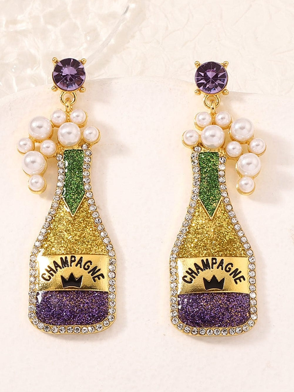 Yellow Pearl and Rhinestone Mardi Gras Bottle Shape Dangle Earrings