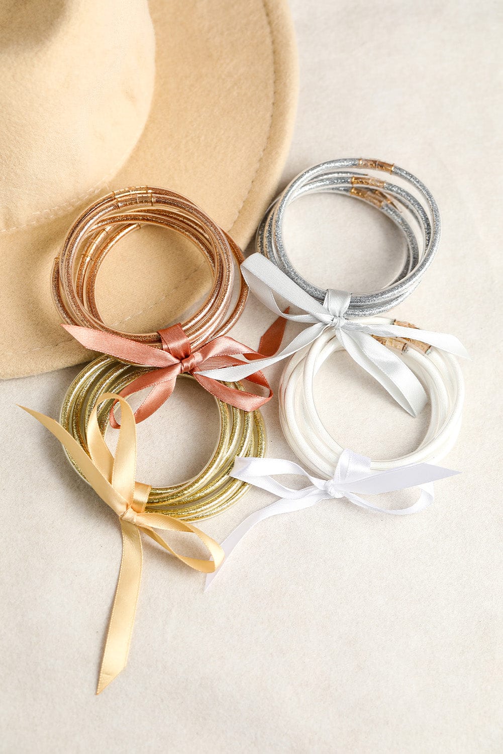 Yellow Sparkling Bow Knot Ribbon Bracelet Set - Set of 5