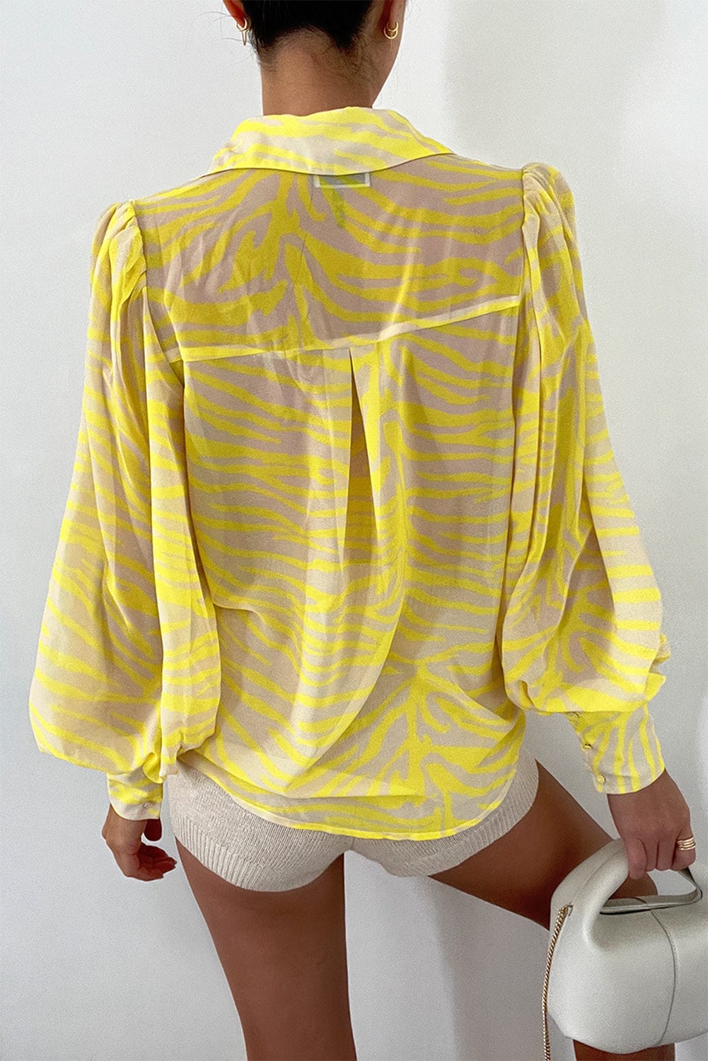 Yellow Zebra Striped Lantern Sleeve Blouse