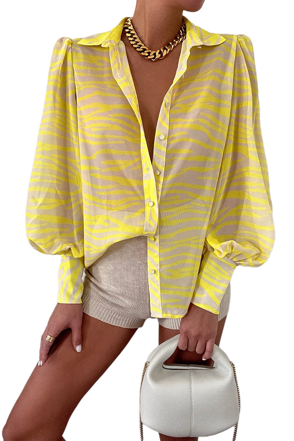 Yellow Zebra Striped Lantern Sleeve Blouse