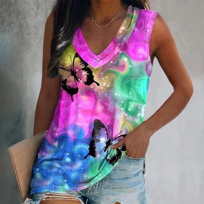 Women's Tank Top Butterfly Tie Dye Vacation Print Fuchsia Sleeveless Stylish V Neck Summer