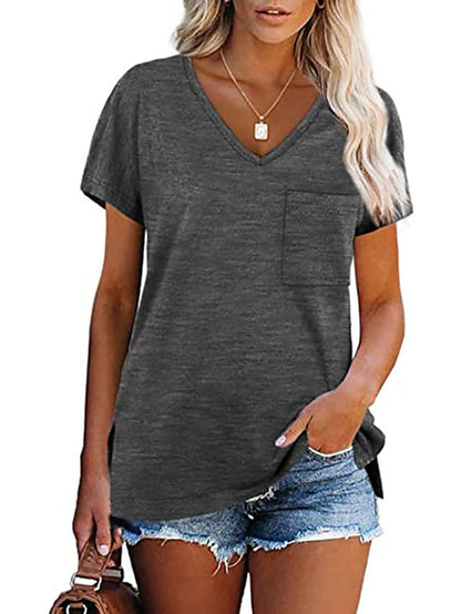 Women's T shirt Tee Plain Solid Colored Casual Daily Pocket Black Short Sleeve Basic Casual V Neck