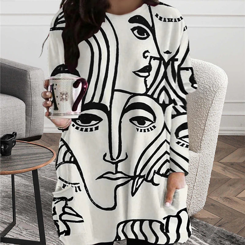 Women‘s Plus Size Curve T Shirt Dress Tee Dress Abstract Crew Neck Print Long Sleeve Winter Fall Casual Daily Vacation Dress