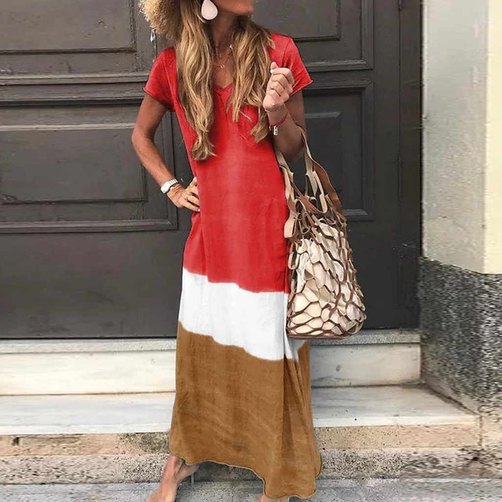 Women's T Shirt Dress Tee Dress Maxi long Dress Black Blue Gray Yellow Red Short Sleeve Color Block Patchwork Spring Summer Round Neck Casual Boom Sale Dress