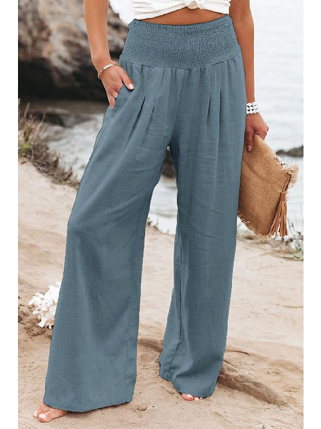 Women's Wide Leg Linen Pants Trousers Pants Trousers Cotton Apple Green Black White High Waist Fashion Casual Lounge Daily Vacation Baggy Micro-elastic Full Length S M L XL XXL - LuckyFash™