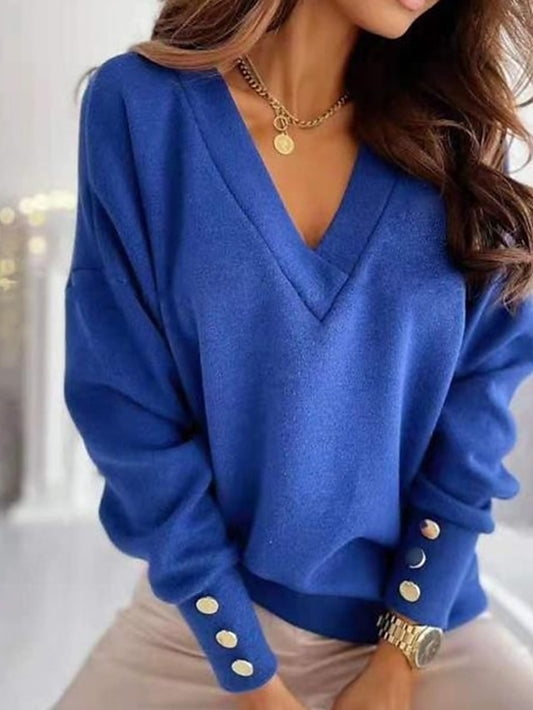 Women's Pullover Sweater Jumper Knitted Button Solid Color Basic Elegant Casual Long Sleeve Regular Fit Sweater Cardigans V Neck Fall Winter Blue Black Red / Going out / Work - LuckyFash™