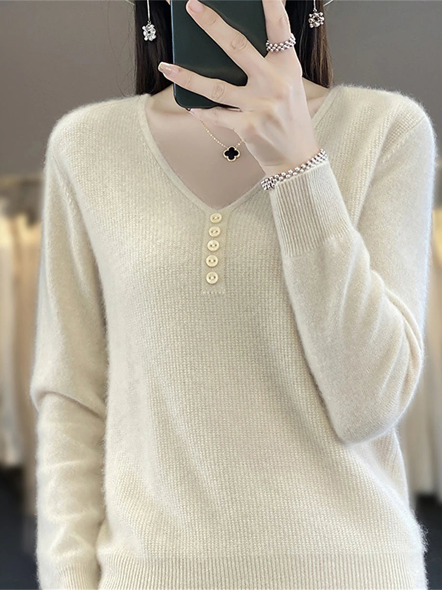 Women's Pullover Sweater Jumper V Neck Ribbed Knit Polyester Button Knitted Fall Winter Regular Outdoor Daily Holiday Fashion Streetwear Casual Long Sleeve Solid Color Black White Light Green S M L