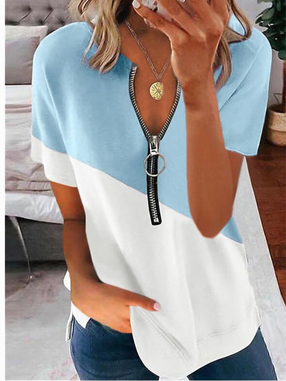 Womenâ€˜s Summer Contrast Printing V-neck Zipper Short-sleeved Shirt T-shirt Top - LuckyFash™