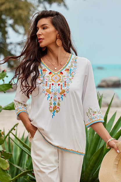 Women's Summer Tops Blouse Embroidered White Half Sleeve V Neck Summer Spring