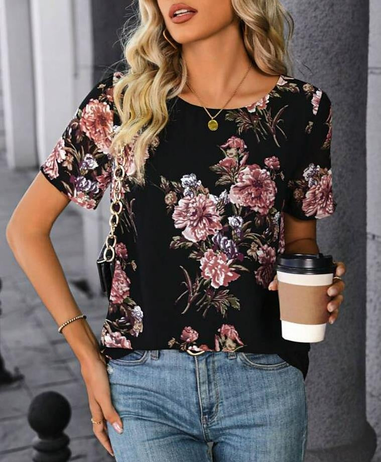 Women's T shirt Tee Floral Casual Holiday Print Black Short Sleeve Fashion Round Neck Summer