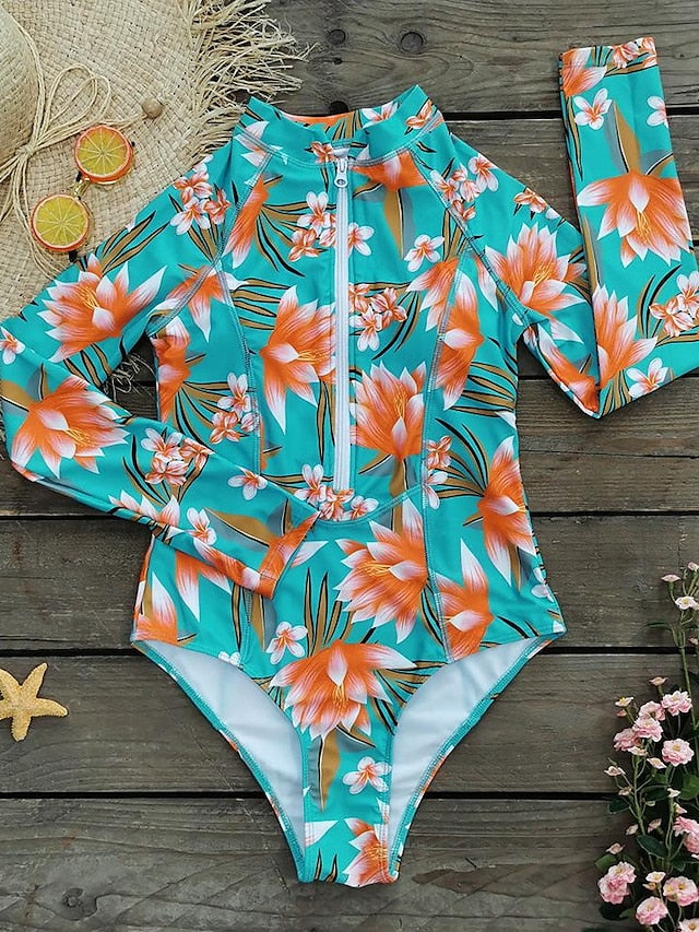 Women's Rash guard Swimsuit UPF50+ Quick Dry Long Sleeve Spandex Bodysuit Bathing Suit Front Zip Swimming Surfing Beach Water Sports Floral Spring Summer Autumn - LuckyFash™