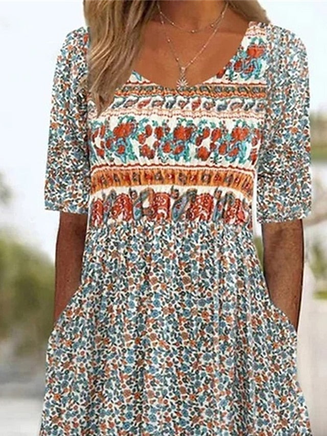 Women's Casual Dress Summer Dress Boho Dress Floral Ruched Pocket Crew Neck Midi Dress Fashion Modern Outdoor Daily Short Sleeve Regular Fit Pink Dark Blue Light Blue Summer Spring S M L XL XXL - LuckyFash™