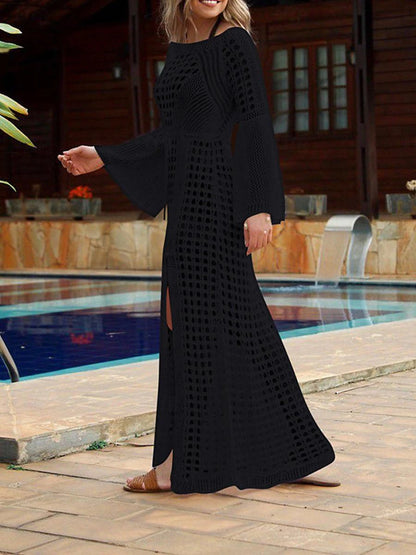 Women's White Dress Summer Dress Cover Up Long Dress Maxi Dress Hollow Out Split Vacation Beach Hawaiian Maxi Crew Neck Long Sleeve Black White Apricot Color