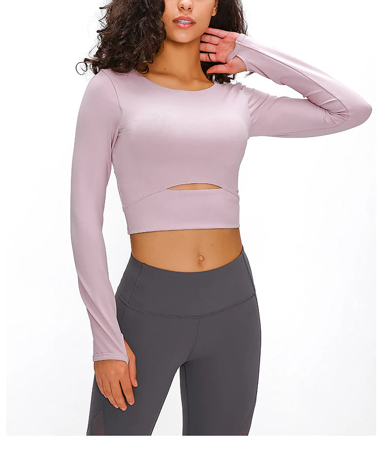 Women's Running T-Shirt Crop Top Solid Color Yoga Fitness Thumbhole Cut Out Crop Top Black White Pink Crew Neck Long Sleeve High Elasticity Spring &  Fall