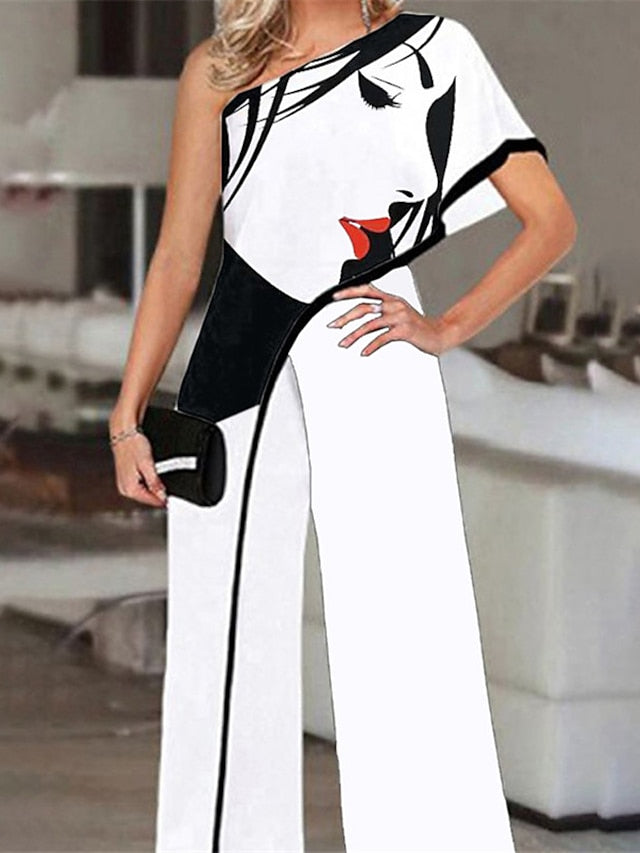 Women's Elegant OL Style Printed Evening Party One Shoulder High Waist Blue White Black Jumpsuit Wide Leg Pants - LuckyFash™