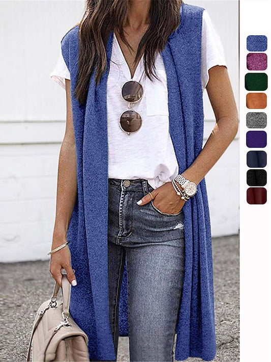 Women's Sweater Vest Open Front Ribbed Knit Polyester Oversized Summer Spring Long Daily Holiday Going out Sexy Casual Soft Sleeveless Pure Color Wine Blue Orange S M L