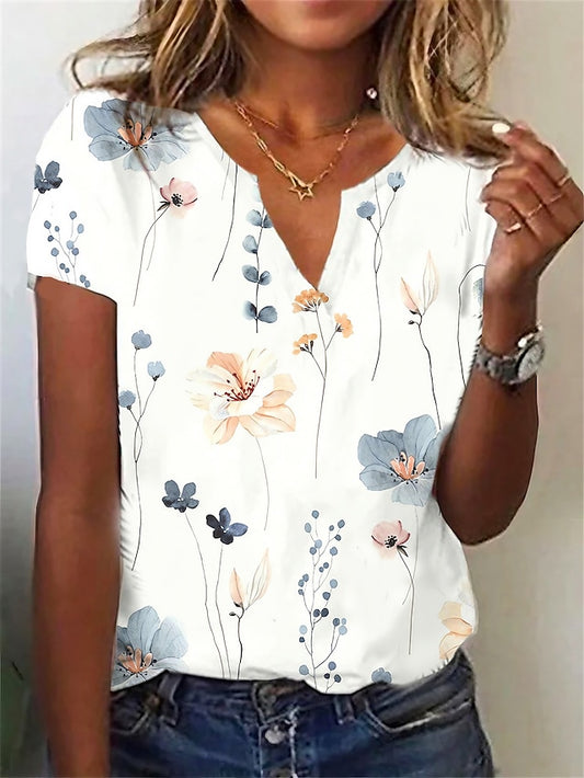 Women's T shirt Tee Henley Shirt Leaf Holiday Weekend Print White Short Sleeve Basic V Neck