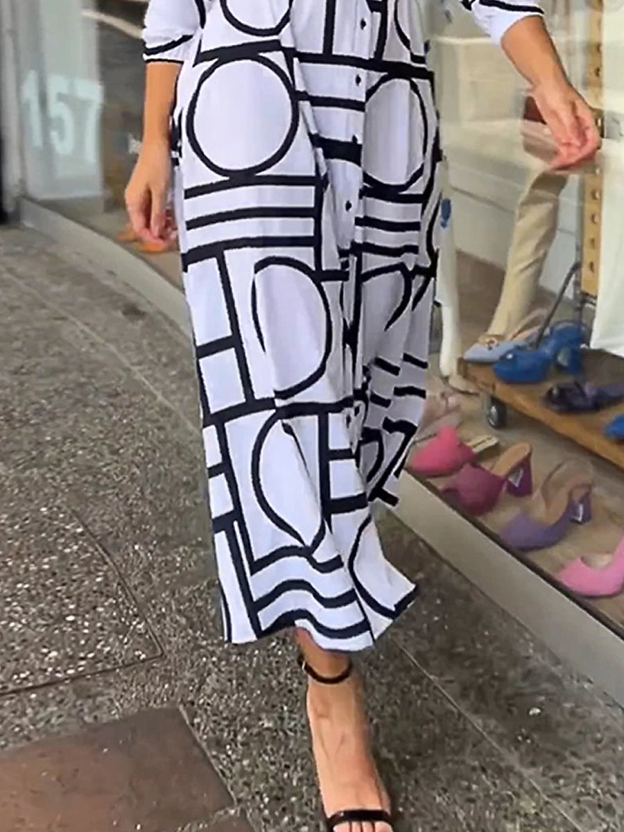 Women's Shirt Dress Casual Dress Maxi long Dress Outdoor Daily Vacation Polyester Fashion Modern Shirt Collar Button Print Long Sleeve Summer Spring Fall 2023 Loose Fit White Geometric Color Block S