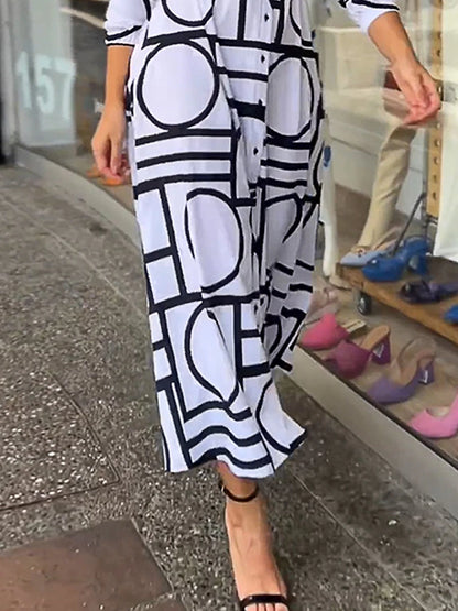 Women's Shirt Dress Casual Dress Maxi long Dress Outdoor Daily Vacation Polyester Fashion Modern Shirt Collar Button Print Long Sleeve Summer Spring Fall 2023 Loose Fit White Geometric Color Block S