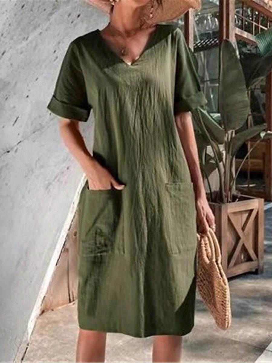 Women's White Dress Casual Dress Summer Dress Midi Dress Cotton Pocket Date Basic V Neck Short Sleeve Black White Wine Color