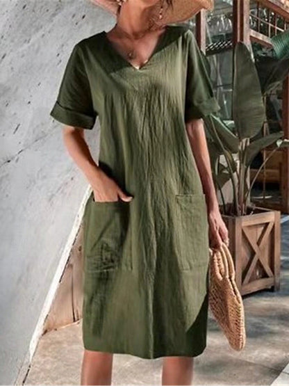 Women's White Dress Casual Dress Summer Dress Midi Dress Cotton Pocket Date Basic V Neck Short Sleeve Black White Wine Color