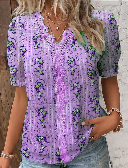 Women's Shirt Boho Shirt Lace Shirt Blouse Floral Casual Holiday Print Lace Trims Blue Short Sleeve Basic V Neck