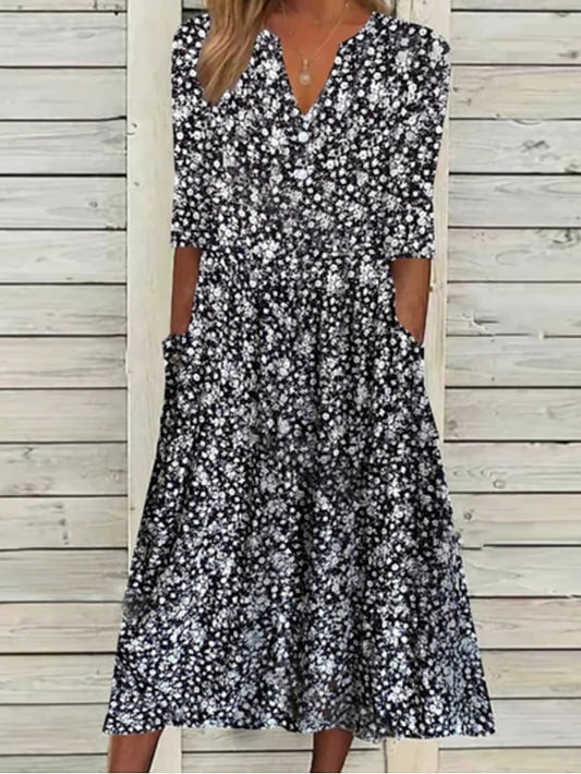 Women's Casual Dress Sheath Dress Floral Dress Midi Dress Black Half Sleeve Floral Ruched Spring Summer V Neck Casual Weekend 2023 S M L XL XXL 3XL