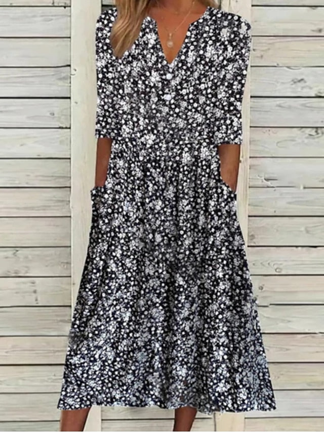 Women's Casual Dress Sheath Dress Floral Dress Midi Dress Black Half Sleeve Floral Ruched Spring Summer V Neck Casual Weekend 2023 S M L XL XXL 3XL - LuckyFash™