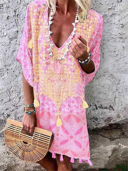 Women's Vintage Dress Casual Dress Tassel Fringe Print V Neck Mini Dress Bohemia Ethnic Vacation Half Sleeve Summer