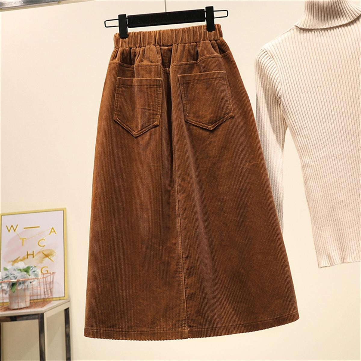 Women's Skirt A Line Midi High Waist Skirts Pocket Solid Colored Street Daily Winter Corduroy Fashion Casual Black Brown