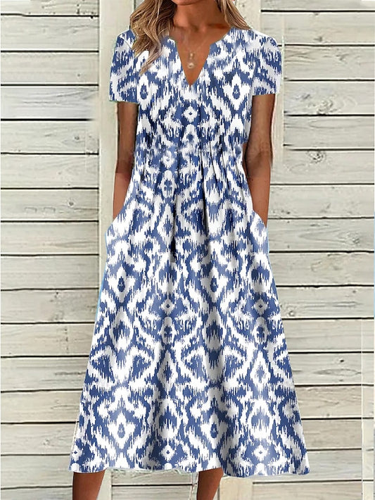 Women's Casual Dress Shift Dress Midi Dress Blue Short Sleeve Geometric Pocket Spring Summer V Neck Basic Daily Vacation Summer Dress 2023 S M L XL XXL 3XL - LuckyFash™