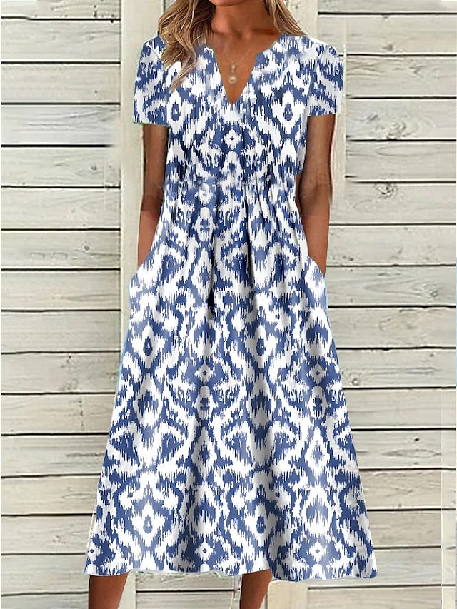 Women's Casual Dress Shift Dress Midi Dress Blue Short Sleeve Geometric Pocket Spring Summer V Neck Basic Daily Vacation Summer Dress 2023 S M L XL XXL 3XL - LuckyFash™