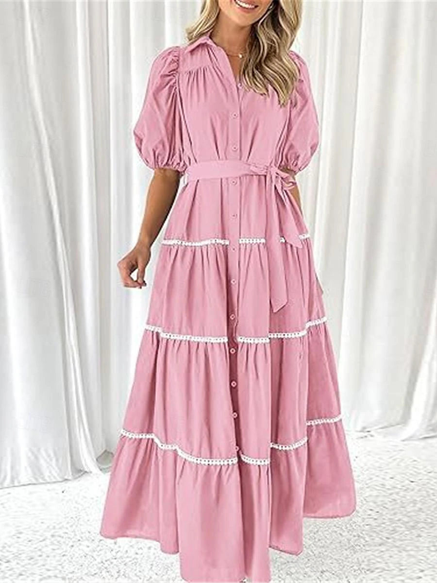 Women's White Dress Casual Dress Swing Dress Maxi Dress Lace up Button Date Vacation Streetwear Maxi Shirt Collar Half Sleeve Black White Pink Color