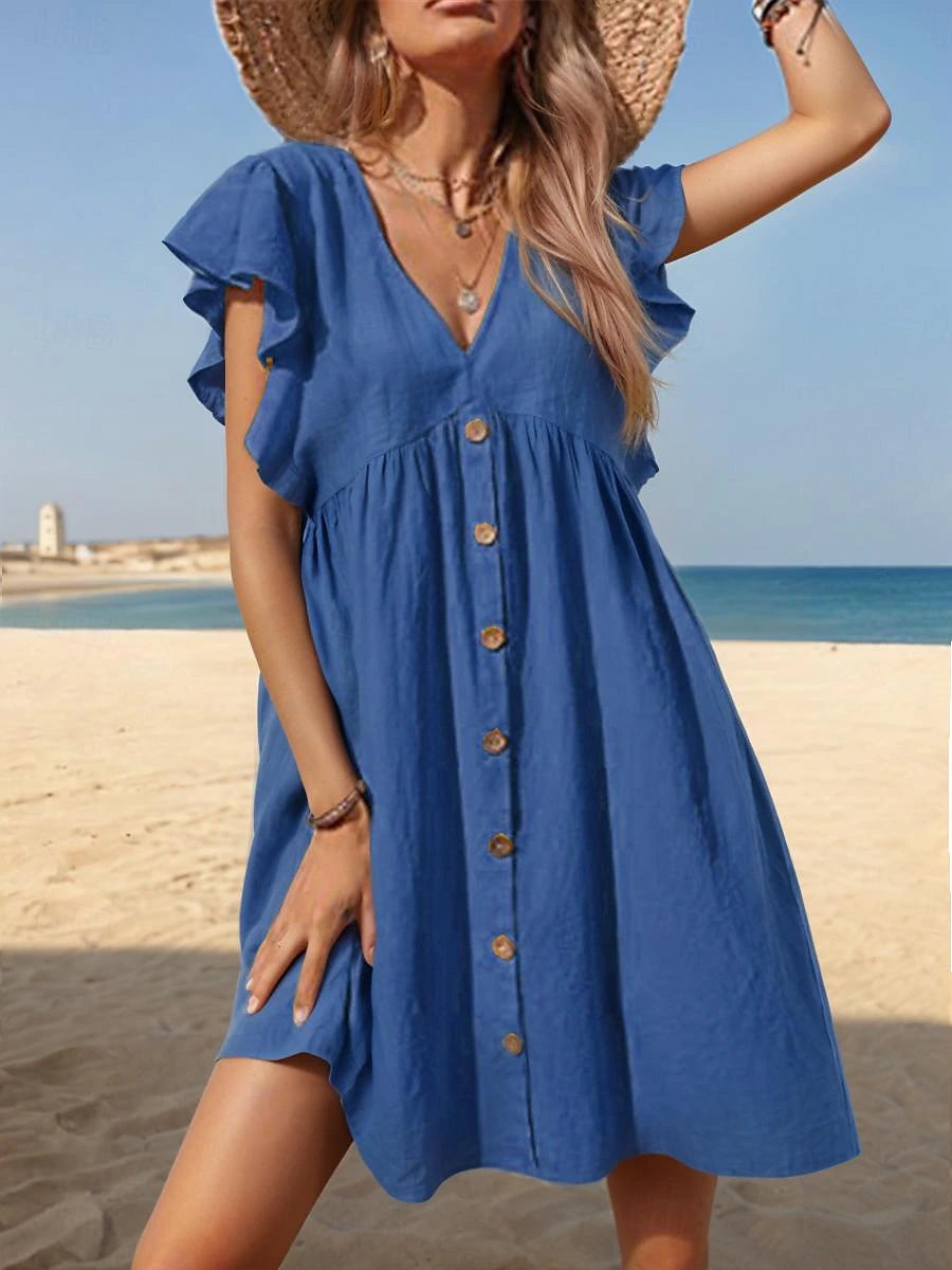 Women's Summer Dress Plain Dress Mini Dress Ruffle Button Vacation Basic Casual V Neck Sleeveless Navy Blue Blue Khaki Color