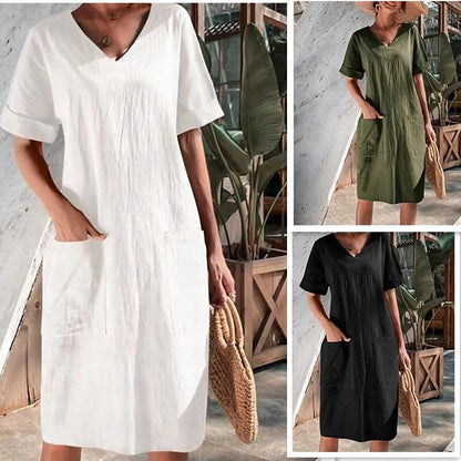 Women's White Dress Casual Dress Summer Dress Midi Dress Cotton Pocket Date Basic V Neck Short Sleeve Black White Wine Color