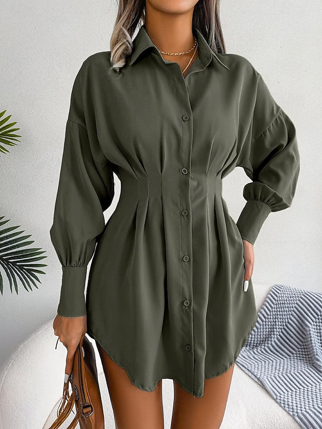 Women's Shirt Dress Plain Dress Mini Dress Button Vacation Streetwear Maxi Shirt Collar Long Sleeve White Blue Army Green Color