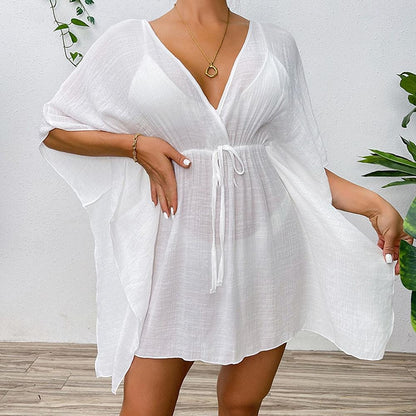 Women's Summer Dress Cover Up Drawstring Beach Wear Holiday Long Sleeve Black White Blue Color