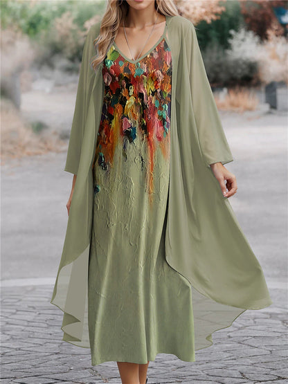 Women's Two Piece Dress Set Casual Dress Chiffon Dress Swing Dress Outdoor Office Fashion Streetwear Print Long Dress Maxi Dress V Neck Long Sleeve Floral Regular Fit Blue Purple Green Spring S M L