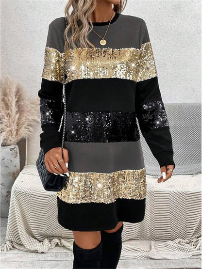 Women's Sequin Dress Party Dress Cocktail Dress Sequins Patchwork Crew Neck Long Sleeve Striped Mini Dress Vacation Formal Pink Gold Spring Winter