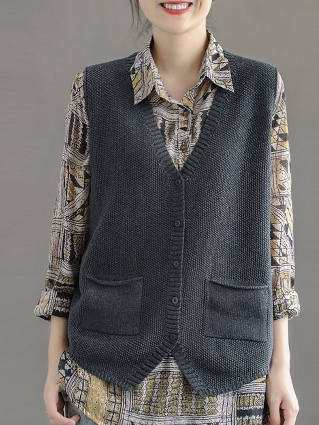 Women's Sweater Vest Jumper Knit Pocket Knitted Solid Color V Neck Basic Casual Daily Fall Spring khaki Dark Gray S M L / Sleeveless / Sleeveless / Regular Fit - LuckyFash™