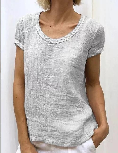 Women's Shirt Blouse Linen Plain Casual White Short Sleeve Basic Round Neck