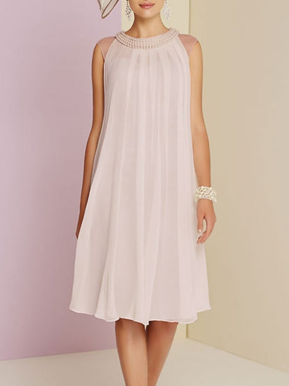 Sheath / Column Mother of the Bride Dress Wedding Guest Elegant Jewel Neck Knee Length Chiffon Sleeveless with Pleats Beading 2023 - LuckyFash™