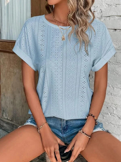 Women's T shirt Tee White Eyelet Tops Cotton Plain Daily Weekend Cut Out Light Blue Short Sleeve Basic Round Neck