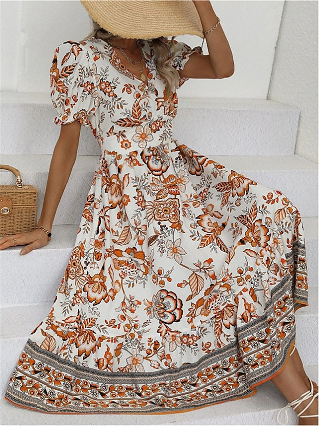 Women's Casual Dress Summer Dress Print Dress Floral Ruched Print V Neck Puff Sleeve Midi Dress Active Fashion Outdoor Street Short Sleeve Loose Fit Black Red Blue Summer Spring S M L XL XXL - LuckyFash™