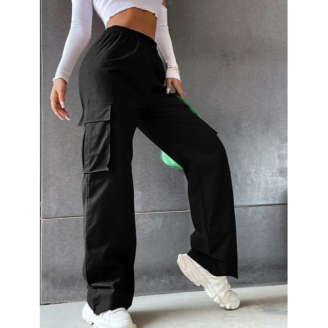 Women‘s Cargo parachute pants Chinos Trousers Full Length Cotton Blend Pocket Baggy Micro-elastic Mid Waist Fashion Casual Weekend Black Army Green S M Summer Spring &  Fall