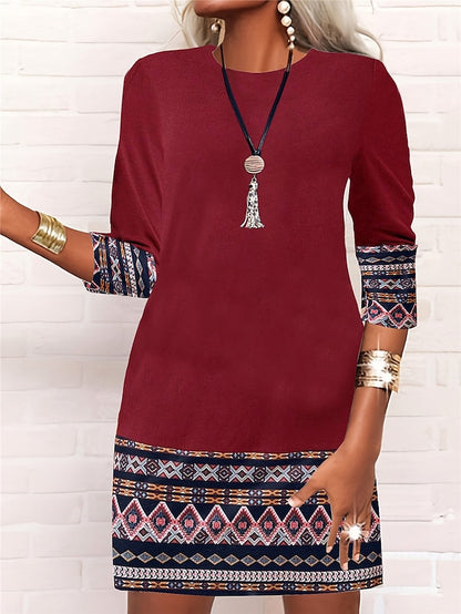 Women's Work Dress Casual Dress Fashion Winter Dress Daily Mini Dress Print Crew Neck Long Sleeve Color Block Tribal Loose Fit Black Red Navy Blue Fall Winter S M L XL XXL