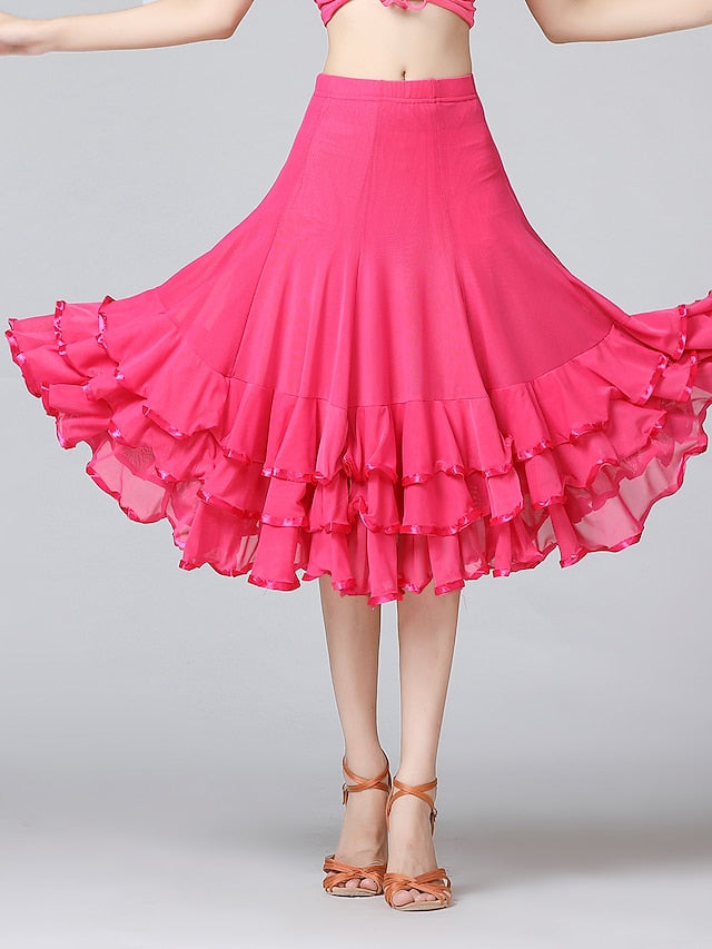 Ballroom Waltz Modern Dancing Latin Dance Skirts Pleats Cascading Ruffles Wave-like Women's Training Performance Natural Mesh Milk Fiber - LuckyFash™