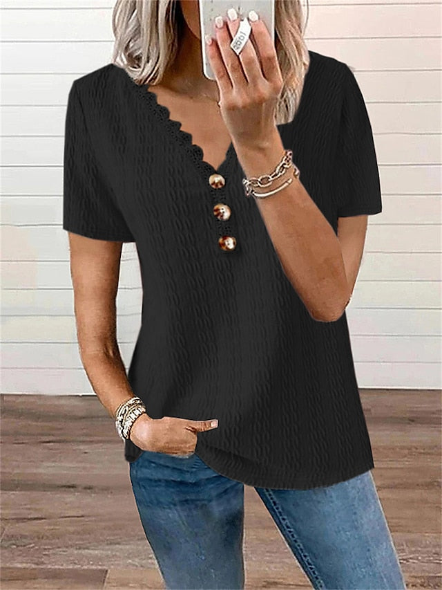 Women's Pullover Sweater Jumper Jumper Cable Knit Button Lace Trims Pure Color V Neck Stylish Casual Outdoor Daily Summer Spring Black Pink S M L - LuckyFash™