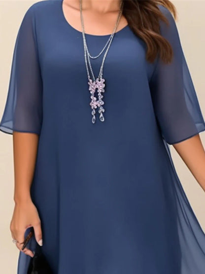 Women‘s Plus Size Curve Casual Dress Work Dress Chiffon Dress Plain Long Dress Maxi Dress Half Sleeve Layered Plus High Low Crew Neck Elegant Outdoor Blue Summer Spring Wedding Guest Dress