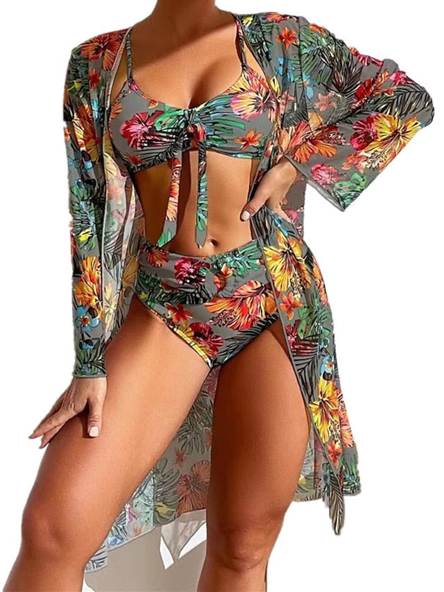 Women's Swimwear Bikini Normal Swimsuit 3-Piece Printing Floral White Yellow Blue Gray Bathing Suits Sports Beach Wear Summer - LuckyFash™